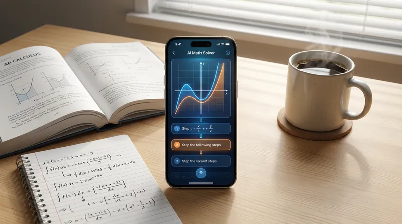 A smartphone displaying an AI calculus solver app with step-by-step solutions on a cozy study desk next to an AP Calculus textbook and handwritten notes.