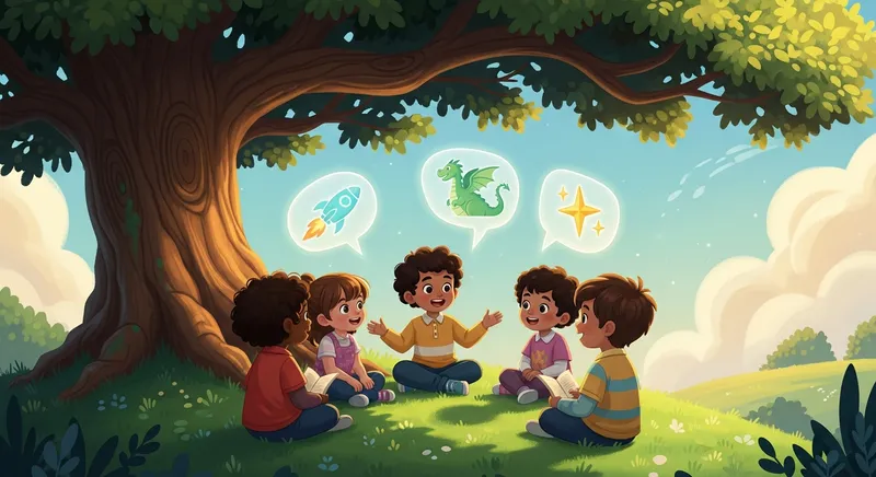 Whimsical illustration of children sitting under a large oak tree telling stories with magical speech bubbles featuring a dragon and a rocket ship.