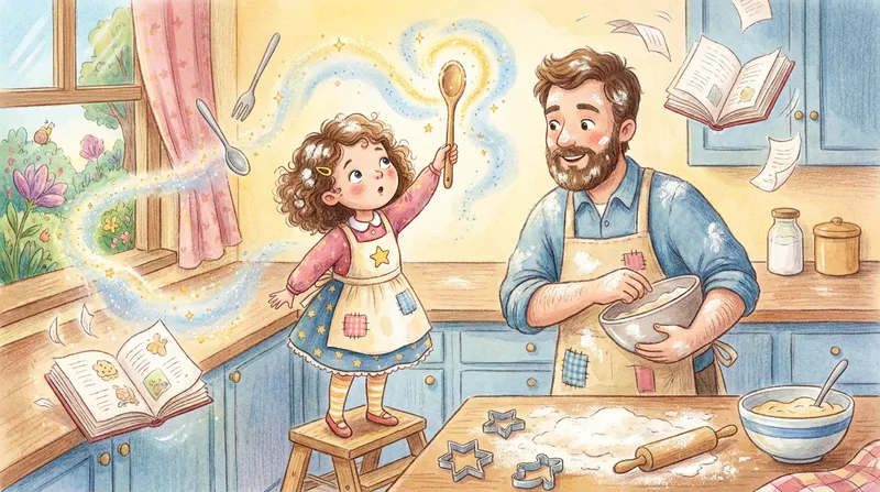 A whimsical children's illustration of a young girl on a step stool holding a wooden spoon like a magic wand, standing next to her smiling father in a flour-dusted apron in a cozy kitchen. Magical golden sparkles swirl around them as they bake, with ingredients like flour and cookie cutters on the counter, capturing a joyful moment of turning chores into a magical adventure.