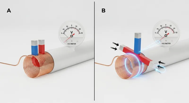 A two-panel scientific illustration demonstrating Faraday's Law of induction: Panel A shows a stationary bar magnet near a copper coil with a voltmeter reading zero. Panel B shows the magnet moving into the coil, causing the voltmeter needle to deflect and the wire to glow, representing the flow of induced electric current.