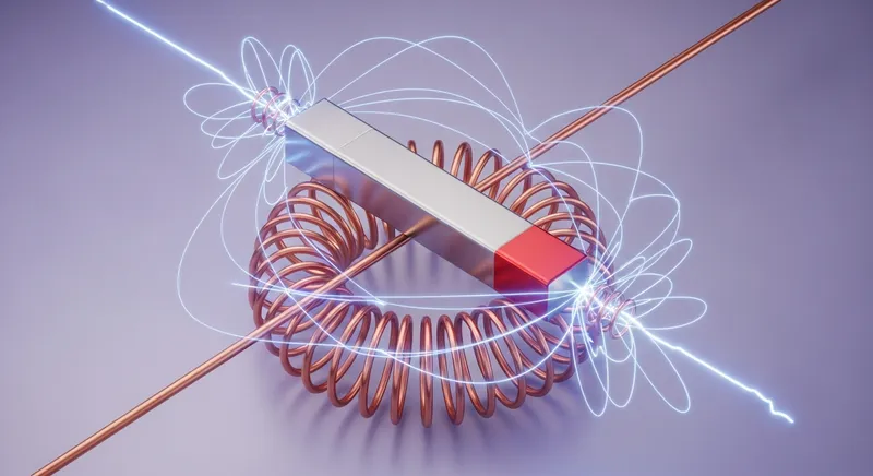 3D isometric illustration demonstrating Faraday's Law of Induction, featuring a bar magnet centered within a copper wire coil with glowing magnetic field lines and a neon-blue electrical aura representing induced current.