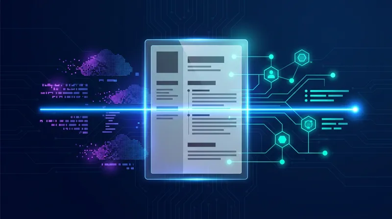 Digital illustration of an abstract resume undergoing AI semantic parsing, with a glowing blue laser transforming chaotic data into a structured network of interconnected nodes.