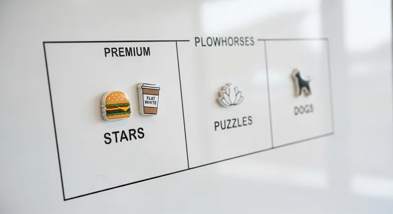 A professional menu engineering matrix on a whiteboard featuring quadrants for Stars, Plowhorses, Puzzles, and Dogs, with a focus on icons for a gourmet burger, coffee, and a lotus flower in a New Zealand hospitality and wellness setting.