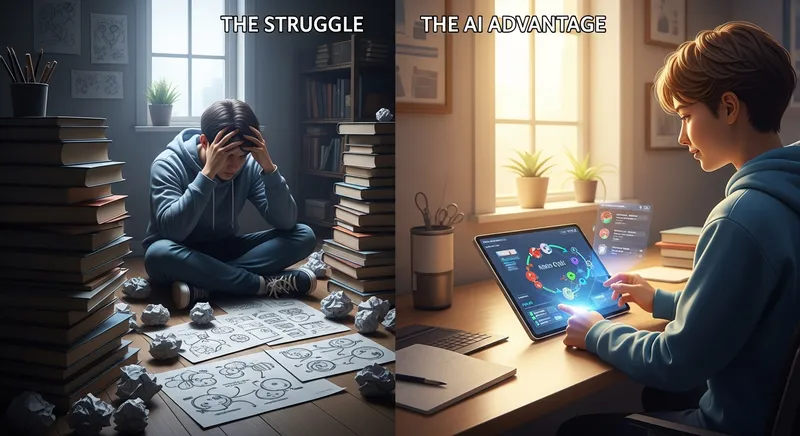 A split-screen showing a student going from frustrated with textbooks to calm and focused using an AI science solver on a tablet.