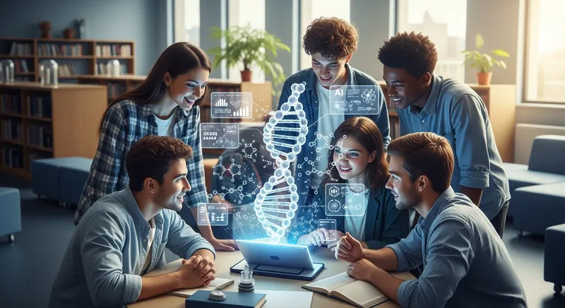 A diverse group of high school students in a futuristic library using an AI science solver on a 3D holographic DNA model.