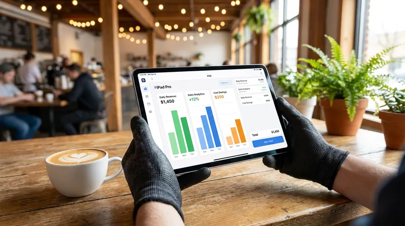 A hospitality business owner in a New Zealand café holding an iPad that displays an all-in-one POS system dashboard with cost-saving metrics, next to a flat white coffee.