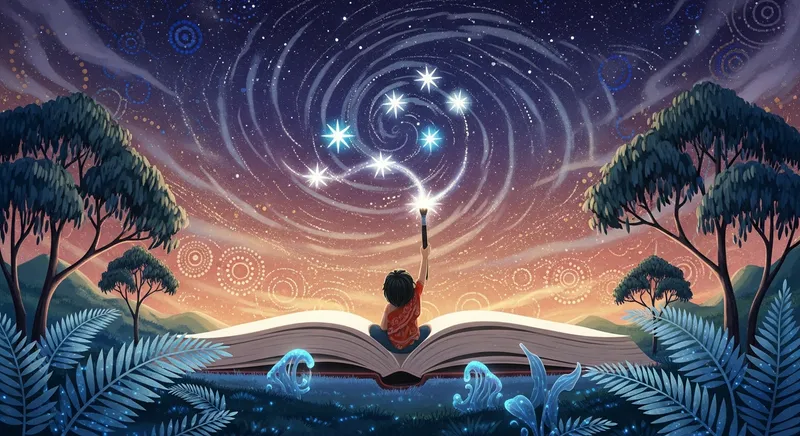 Illustration of a child painting the Matariki stars and Aboriginal dot patterns in the sky.