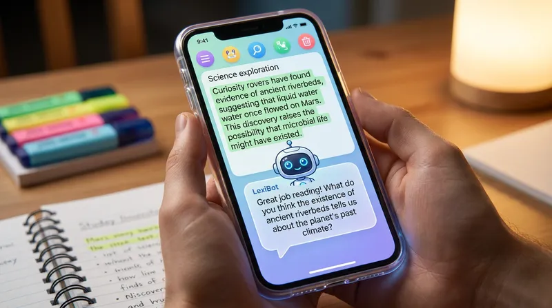 A smartphone screen displaying an interactive AI reading tutor app for middle school students, featuring a friendly robot avatar and highlighted science text on a cozy study desk.