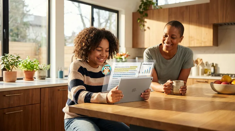 A smiling middle school student uses an AI reading assistant app on a tablet at a kitchen island while a parent looks on supportively.