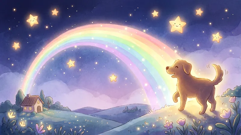 A comforting children's storybook illustration of a dog's silhouette looking back from a glowing, pastel-colored rainbow bridge under a starry night sky.