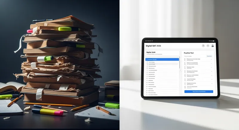 Split-screen comparing cluttered paper SAT books with a modern Digital SAT tablet interface.