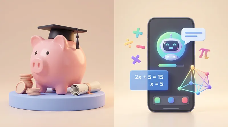 A split-screen 3D illustration featuring a pink piggy bank wearing a graduation cap on the left, and a smartphone displaying a friendly AI math tutor app interface on the right, symbolizing affordable education.