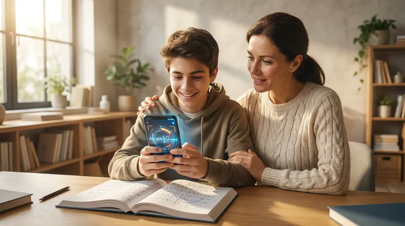 A teenager and parent use an AI math solver app on a smartphone to scan a math textbook equation in a bright, modern home study.