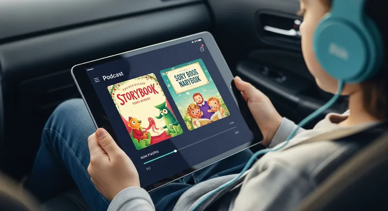 A child wearing colorful headphones holds a tablet displaying a vibrant podcast player while sitting in a car, illuminated by soft natural sunlight during a family road trip.