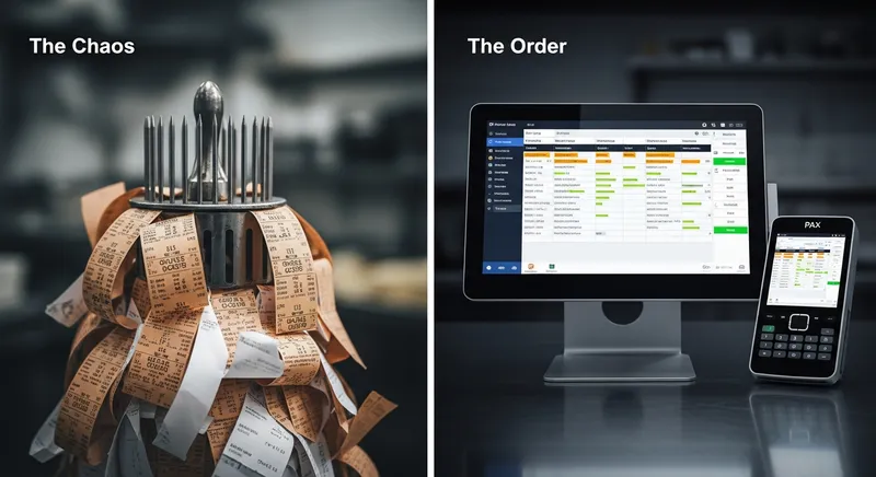 A split-screen comparison showing a chaotic paper order spike versus a clean, digital Lazygrid KDS screen integrated with a Pax A920 Pro, illustrating the transition to a streamlined kitchen workflow.