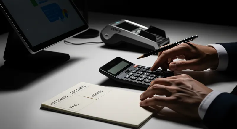 A small business owner sits at a desk using a calculator, with a tablet POS, EFTPOS terminal, and a notepad listing hardware, software, and fees for cost analysis.