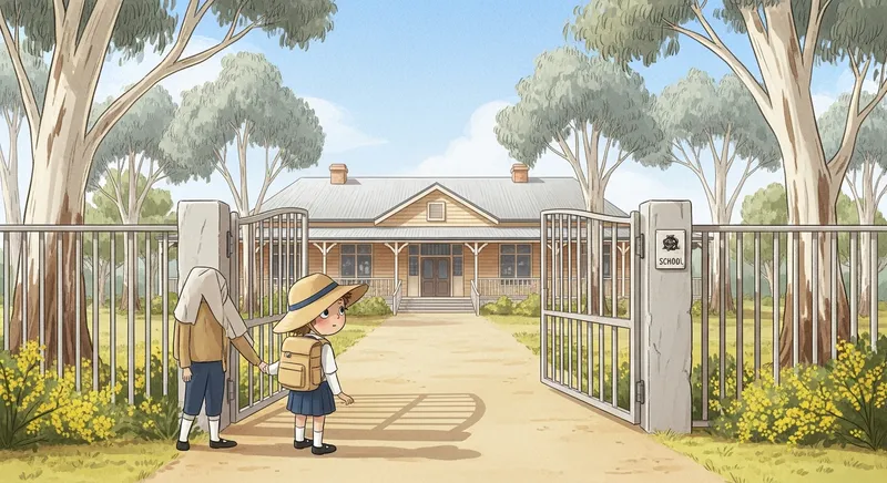 Whimsical watercolor illustration of a young child in an Australian school uniform and sun hat holding a parent's hand at a school gate, surrounded by eucalyptus trees and golden wattle blossoms.