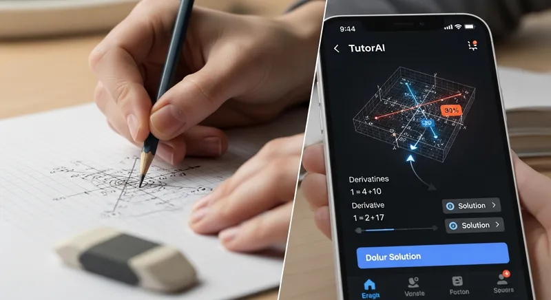 Split-screen comparison of a traditional hand-drawn calculus graph on grid paper next to a smartphone displaying an interactive 3D mathematical model on the TutorAI app.