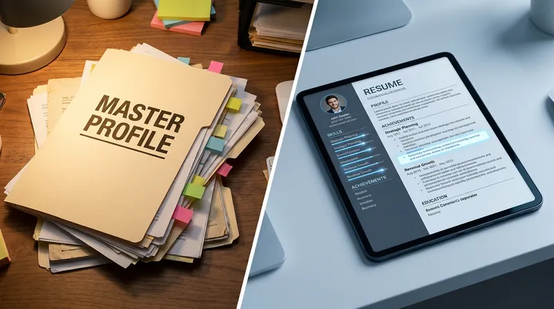 A split-screen comparison showing a cluttered "Master Profile" folder of career history on a wooden desk on the left, transforming into a sleek, targeted digital resume on a modern tablet on the right.