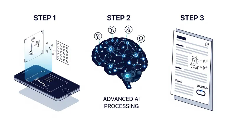 A minimalist three-step infographic illustrating an AI math solver workflow: first, a smartphone scans a calculus integral and matrix via an AR viewfinder; second, a digital brain labeled "Advanced AI Processing" analyzes the data; and third, a digital document displays a structured, multi-step mathematical derivation and final solution.