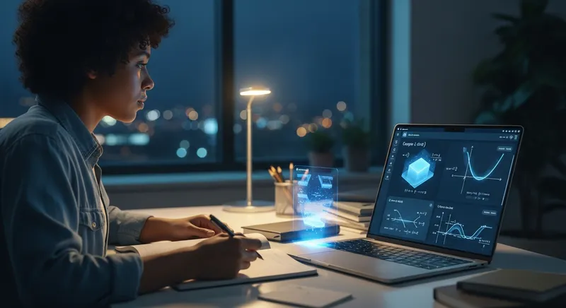 A college student studying calculus and linear algebra at a minimalist desk at night, using a sophisticated AI math solver on a laptop featuring 3D function graphs and step-by-step derivations.