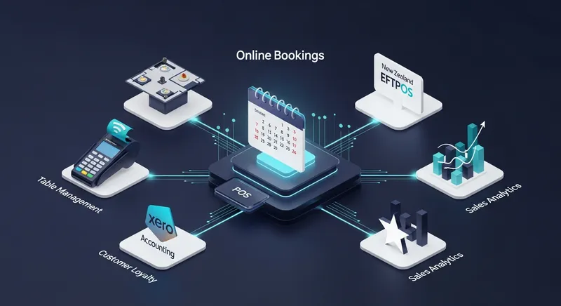A 3D isometric infographic of a modern restaurant technology ecosystem featuring a central POS hub connected to online booking systems, NZ EFTPOS, Xero accounting, and sales analytics.