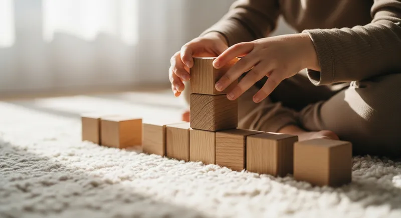 Close-up of a child's hands gently stacking natural wooden blocks, a great low-stimulation play activity for kids needing a screen time detox.