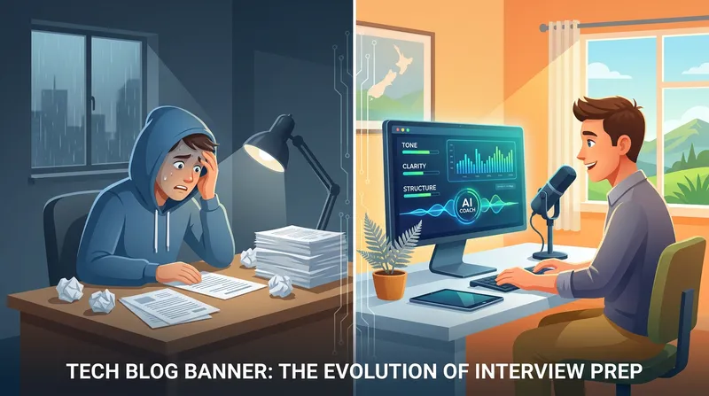 A split-screen illustration contrasting a stressed job seeker overwhelmed by paper notes with a confident candidate using an AI interview prep tool in a modern New Zealand home office.