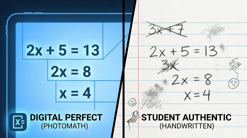 A side-by-side comparison of math work: on the left, a perfect, computer-generated digital screen representing Photomath; on the right, authentic handwritten student work on lined paper with natural handwriting, eraser smudges, and a crossed-out mistake.