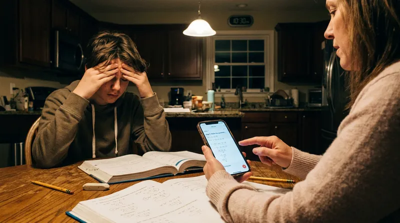 A stressed middle school student struggles with algebra homework at a kitchen table late at night, while a parent holds a smartphone displaying a math app with a step-by-step equation breakdown.