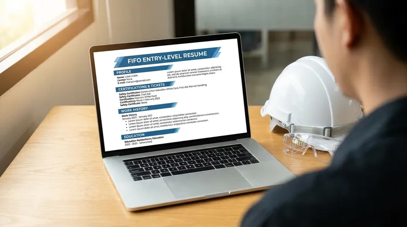 A laptop screen displaying an entry-level Australian FIFO mining resume template, next to a white hard hat and safety glasses on a sunlit wooden desk.