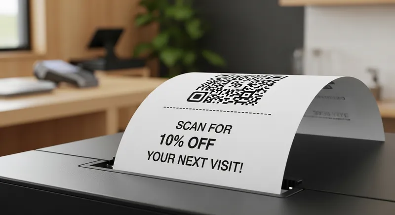 A thermal printer in a New Zealand cafe printing a receipt with a QR code and promotional text.