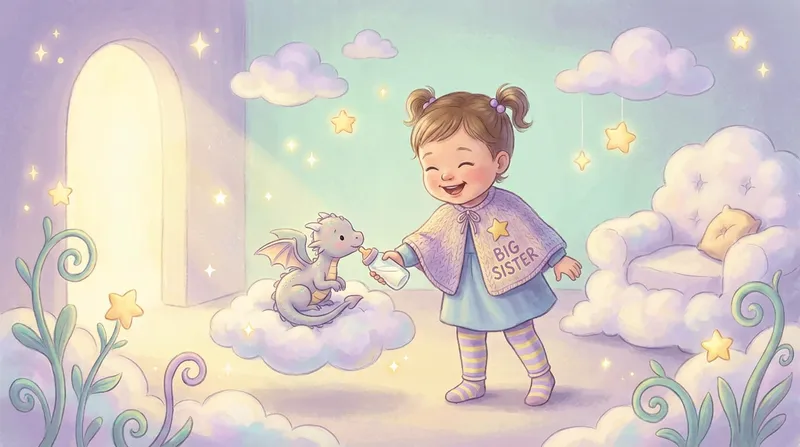 A whimsical children's book illustration of a toddler girl wearing a 