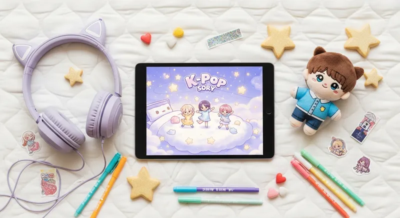 Aesthetic flat-lay of a tablet displaying a magical K-Pop bedtime story illustration, surrounded by pastel cat-ear headphones, a plushie, and star-shaped cookies on a cozy white quilted surface.