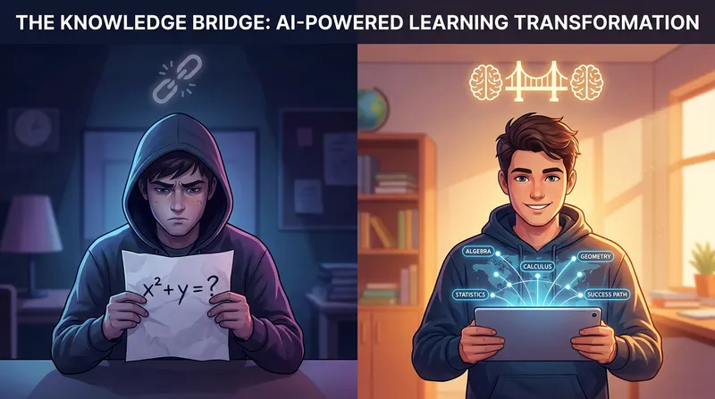 A split-screen illustration contrasting a frustrated student struggling with a paper math problem under dim lighting and a confident student using a glowing, interactive AI math roadmap on a tablet under warm, bright lighting.