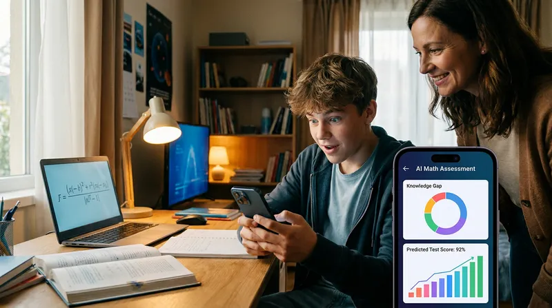 A student and parent review an AI math assessment showing knowledge gap analysis and predicted test score on a smartphone.