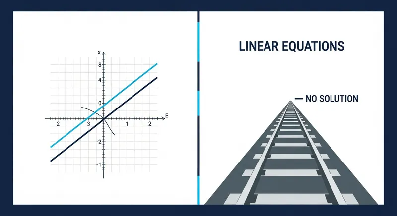 Split-screen infographic illustrating the "no solution" concept in linear equations, featuring a Cartesian graph with two parallel lines on the left and a perspective view of parallel train tracks on the right.