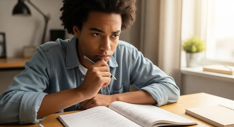 A focused young adult student studying algebraic equations in a notebook at a sunlit wooden desk, capturing a moment of deep concentration while solving math problems.